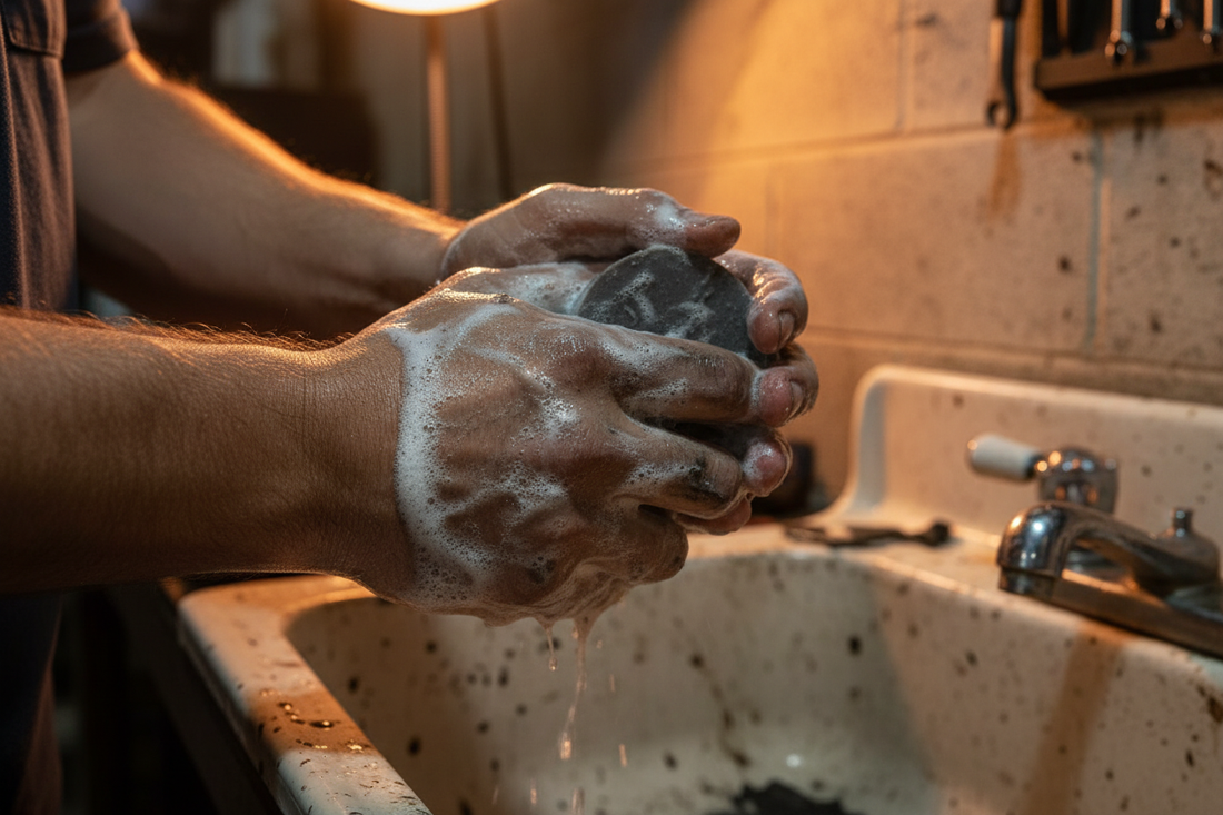 Mechanic washing greasy hands with activated charcoal mechanic soap