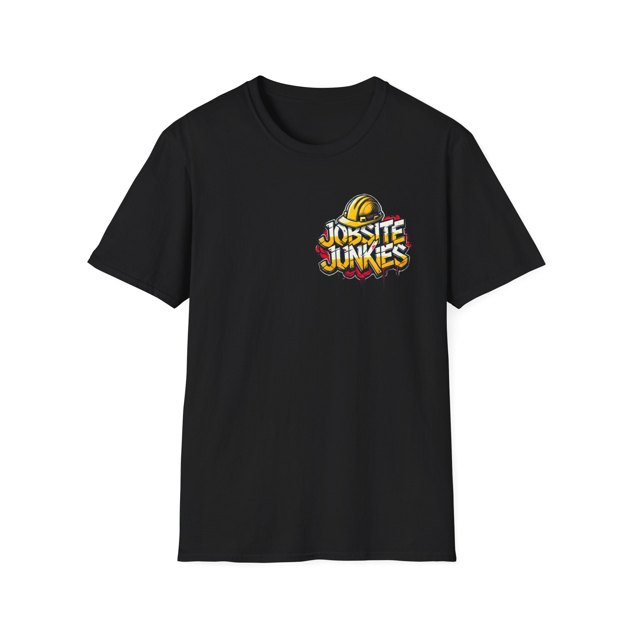 Black t-shirt with 'Jobsite Junkies' logo on a white background