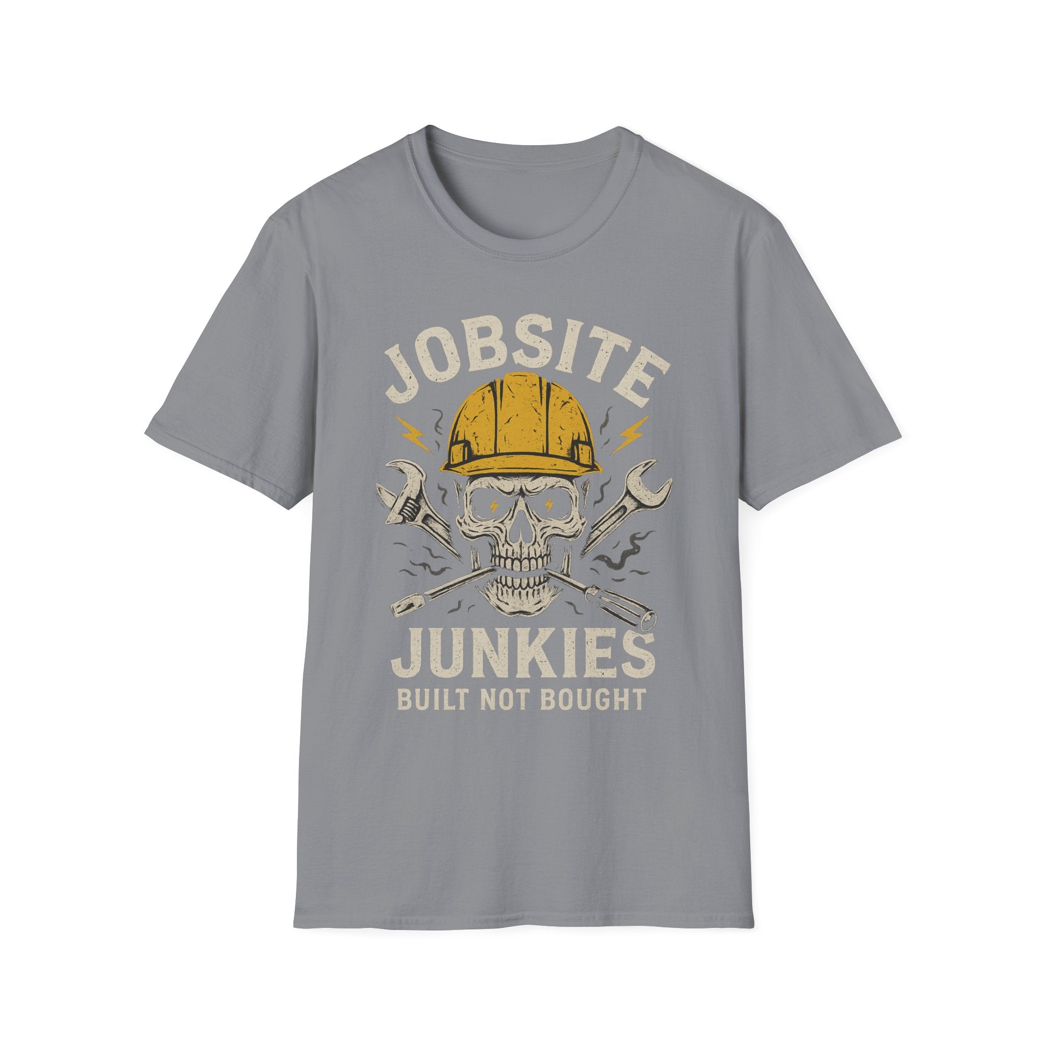 Gray t-shirt with skull and tools graphic and text on a white background