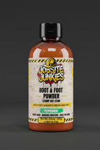 Jobsite Junkies Boot and Foot Powder 160g amber bottle with black flip top cap - Canadian made foot odor powder for tradespeople