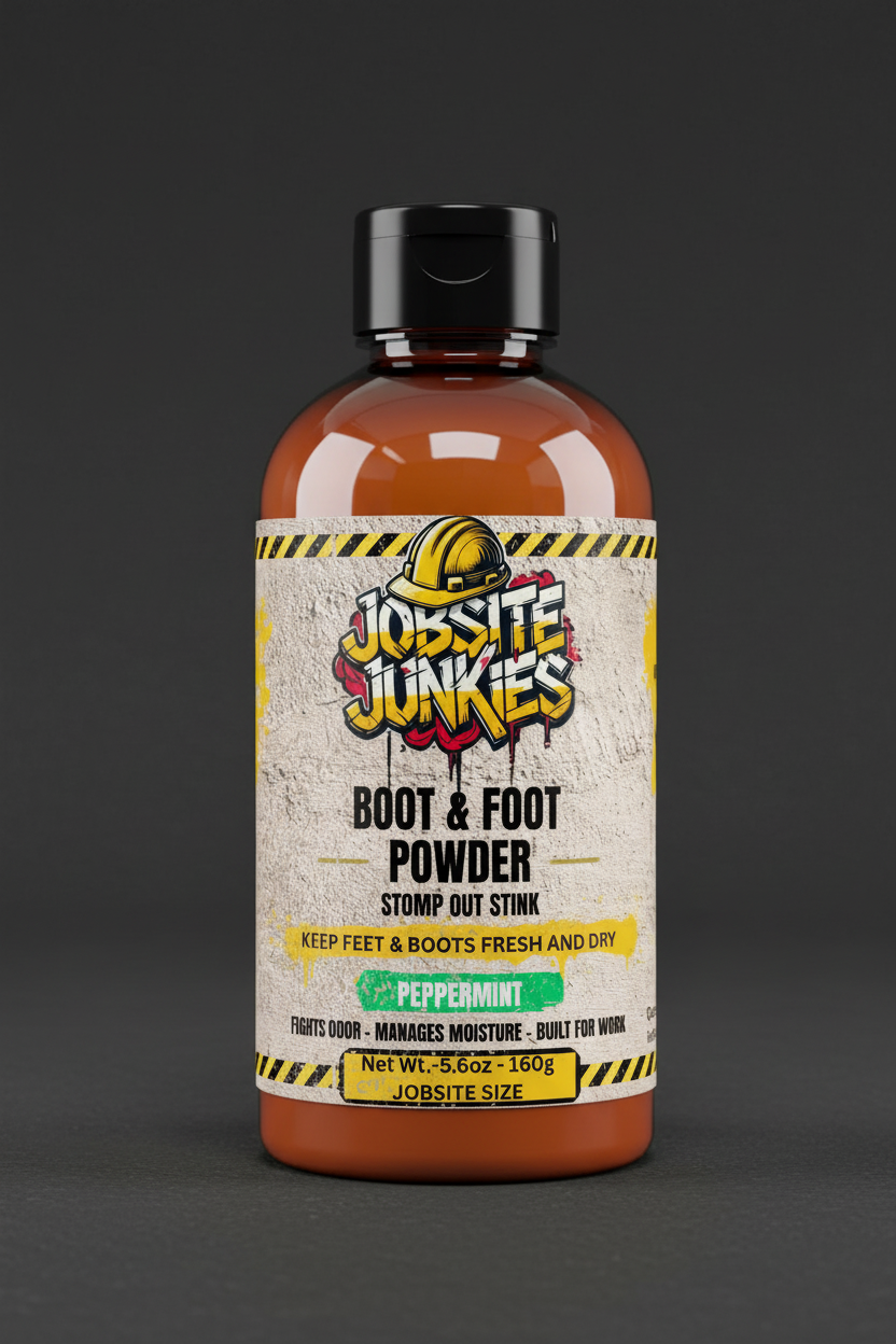 Jobsite Junkies Boot and Foot Powder 160g amber bottle with black flip top cap - Canadian made foot odor powder for tradespeople
