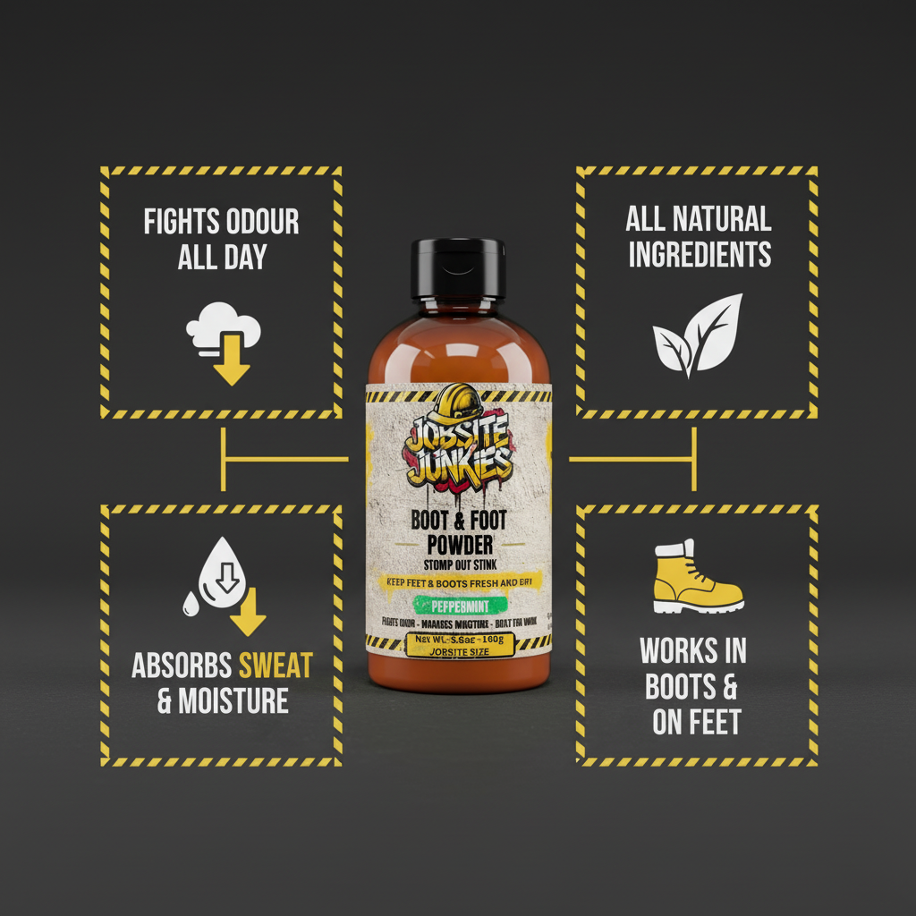 Jobsite Junkies Boot and Foot Powder benefits - fights odor, absorbs sweat, all natural ingredients, works in boots and on feet