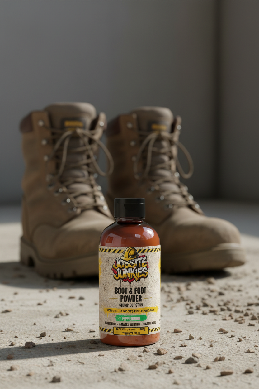 Jobsite Junkies Boot and Foot Powder beside muddy steel toe work boots on concrete - fights foot odor and moisture all day
