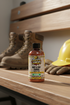 Tradesman using Jobsite Junkies Boot and Foot Powder on work boots -showing steel toe boots and hard hat