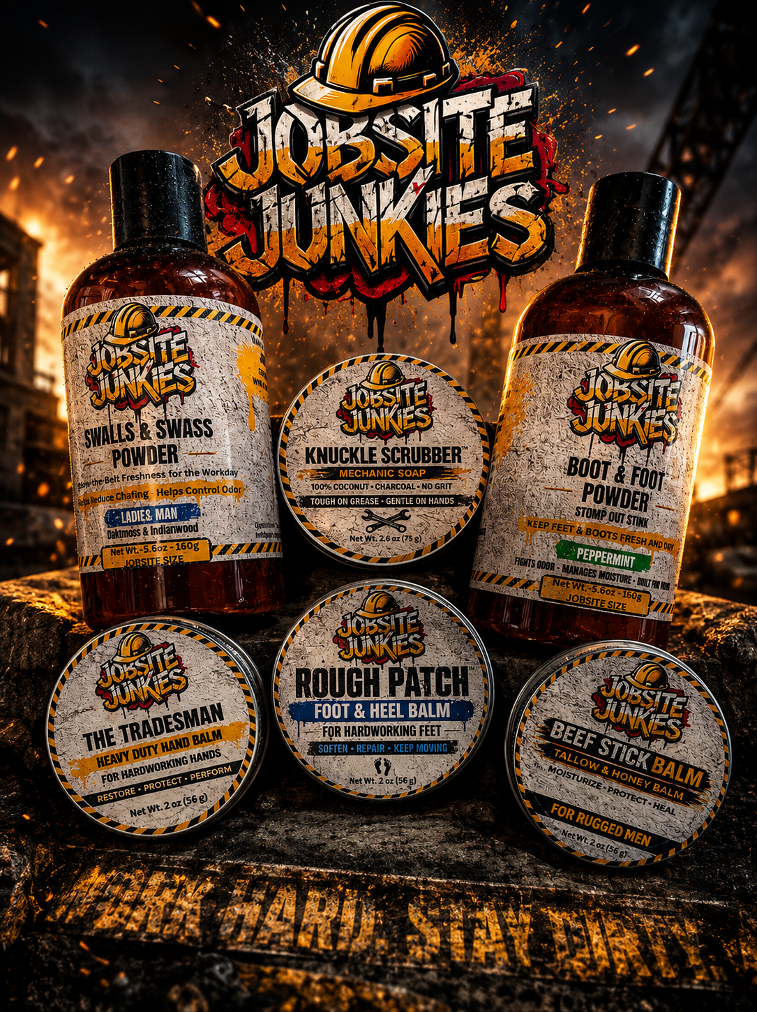 Jobsite Junkies product lineup with various bottles and containers on a rugged background.